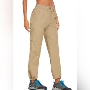 WOMENS Long CONVERTIBLE In Short HIKING PANTS  Beige Large Pocket Elastic Tie